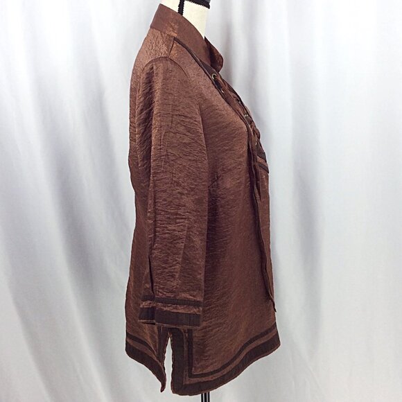 Ali Miles Tunic Top Womens Size XL Brown Metallic Lace Up Slit Hem - Picture 2 of 8